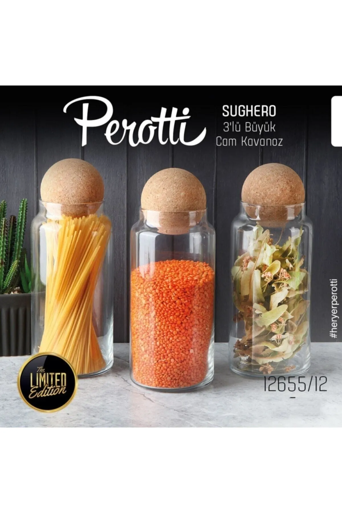 Perotti Sughero Cam 3’lü 1300ml Top Mantar Kapaklı Kavanoz